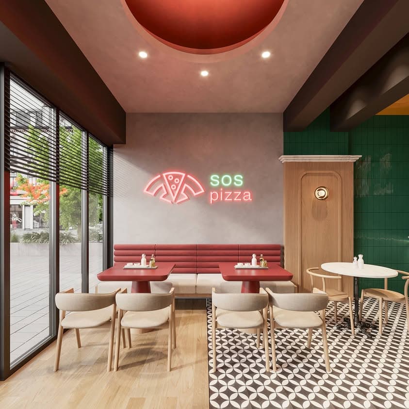 Salla e picerisë me ulëse të kuqe, karrige druri dhe tabelë neoni SOS pizza